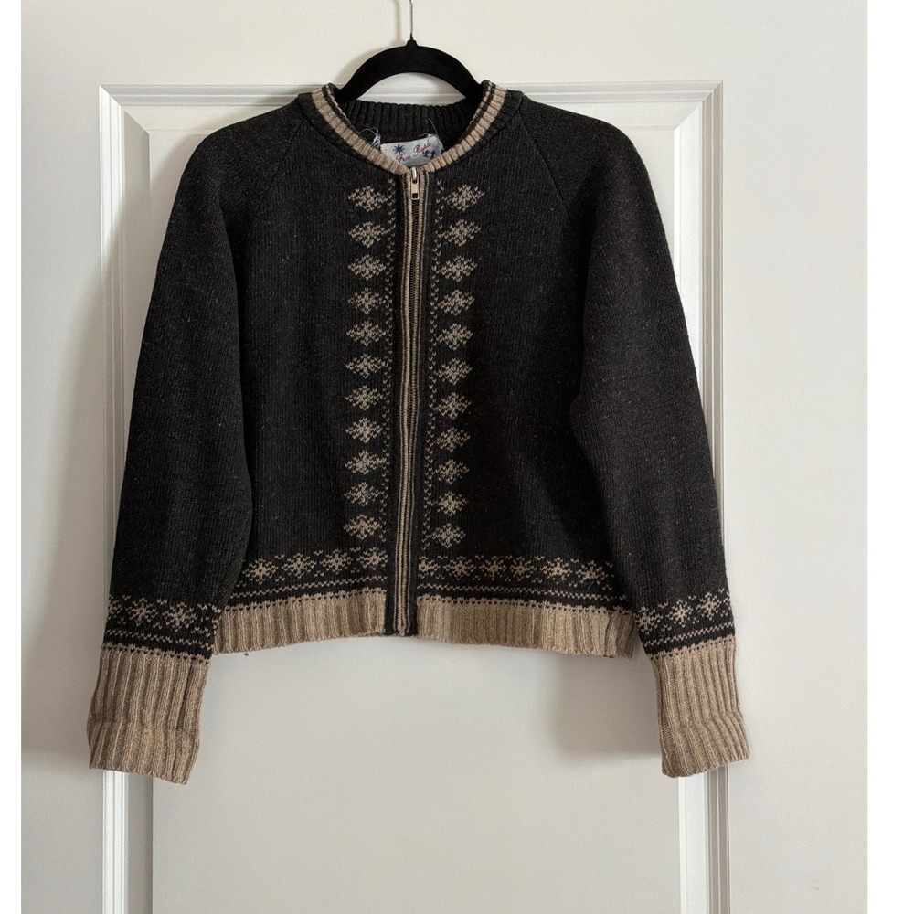 Vintage 90s Free People 100% Wool Fair Isle Nordic Zip Cardigan Sweater M